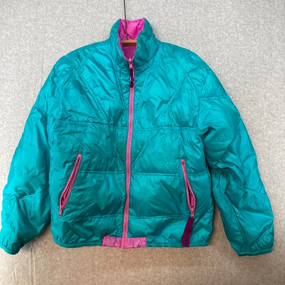 Woolrich Jacket Womens Large Down Quilted Puffer Reversible Sigmet 90s Teal Pink - Picture 1 of 8